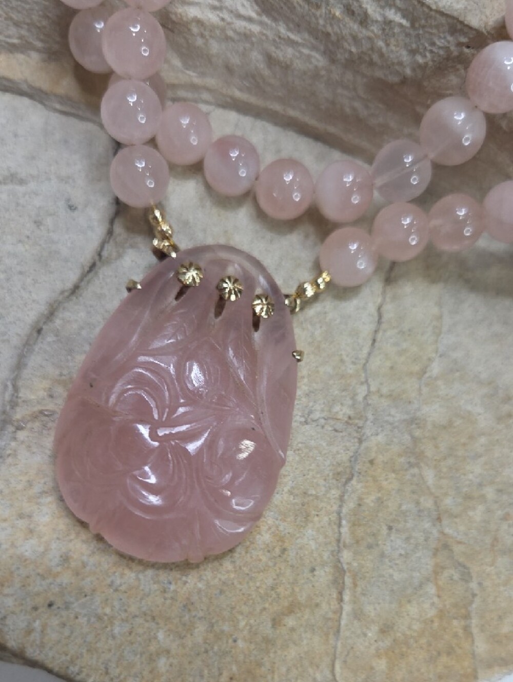 14K Solid Gold With Pink Jadeite Clasp Pendant Pre Antique Jadeite Long Necklace - Picture 5 of 16